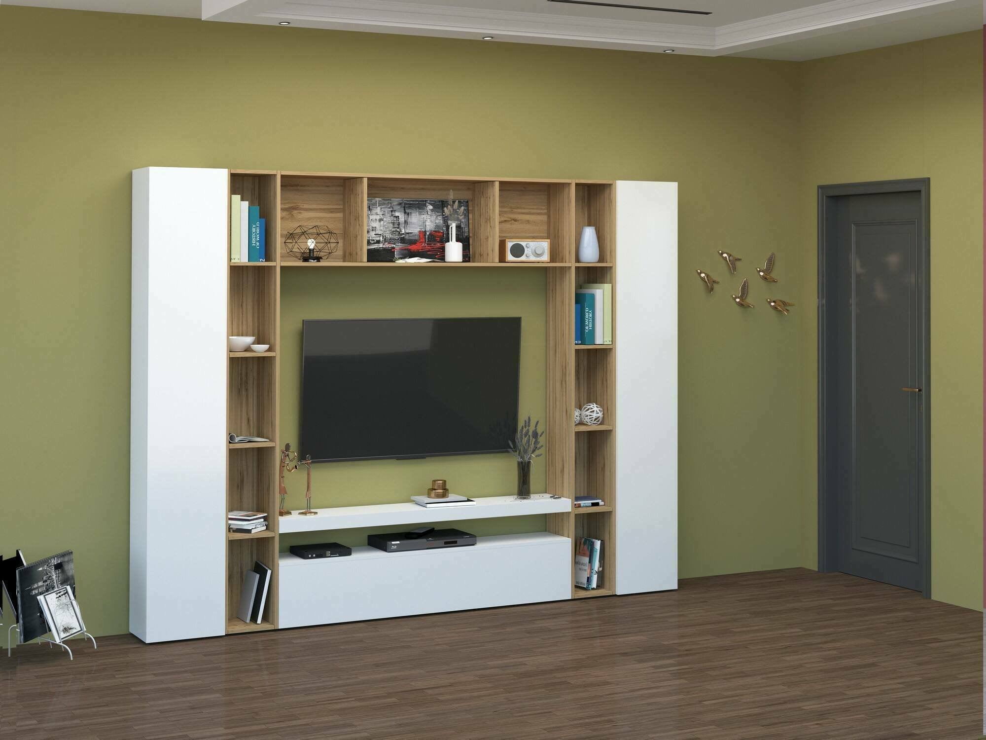 Parete attrezzata Austis, Set salotto porta TV a 3 ante, Mobile soggiorno multiuso, 100% Made in Italy, cm 270x35h210, Bianco lucido e Rovere
