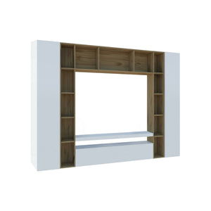 Parete attrezzata Austis, Set salotto porta TV a 3 ante, Mobile soggiorno multiuso, 100% Made in Italy, cm 270x35h210, Bianco lucido e Rovere