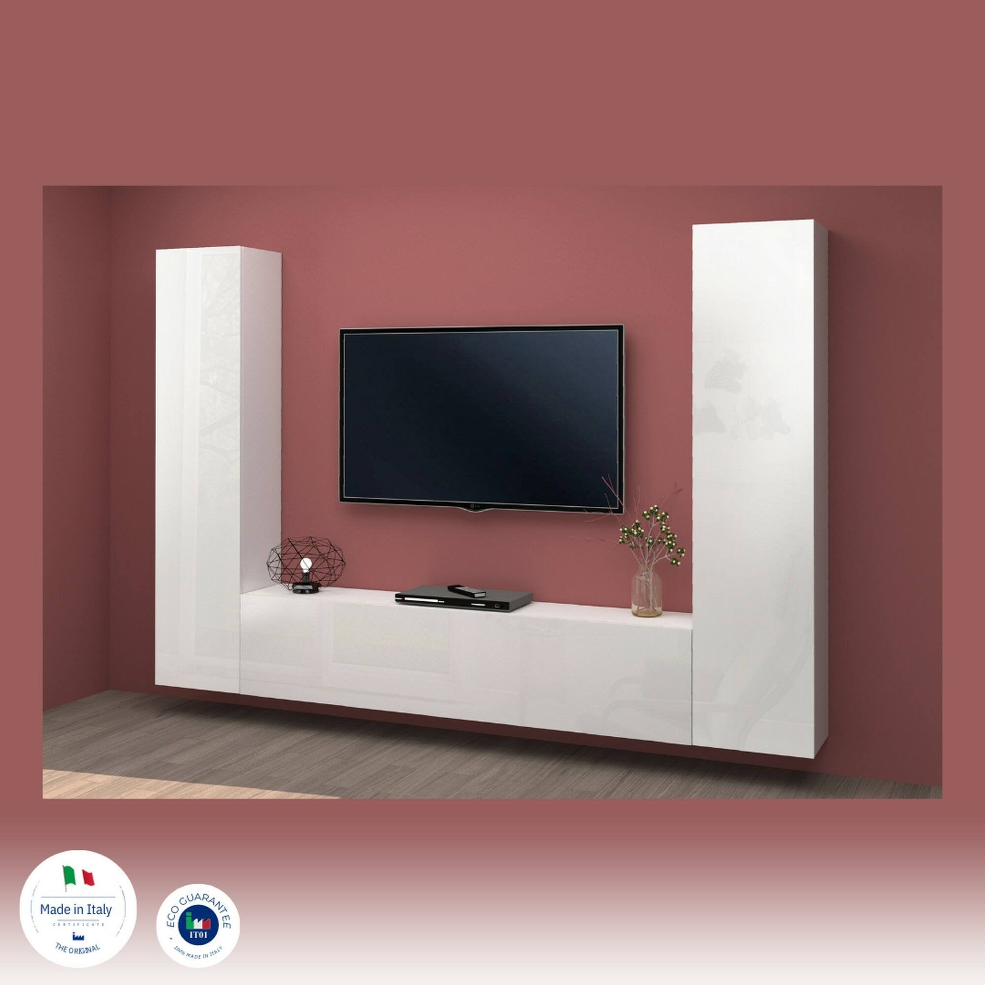 Parete attrezzata Natasha, Set salotto porta TV a 3 ante, Mobile soggiorno multiuso, 100% Made in Italy, cm 260x30h180, Bianco lucido