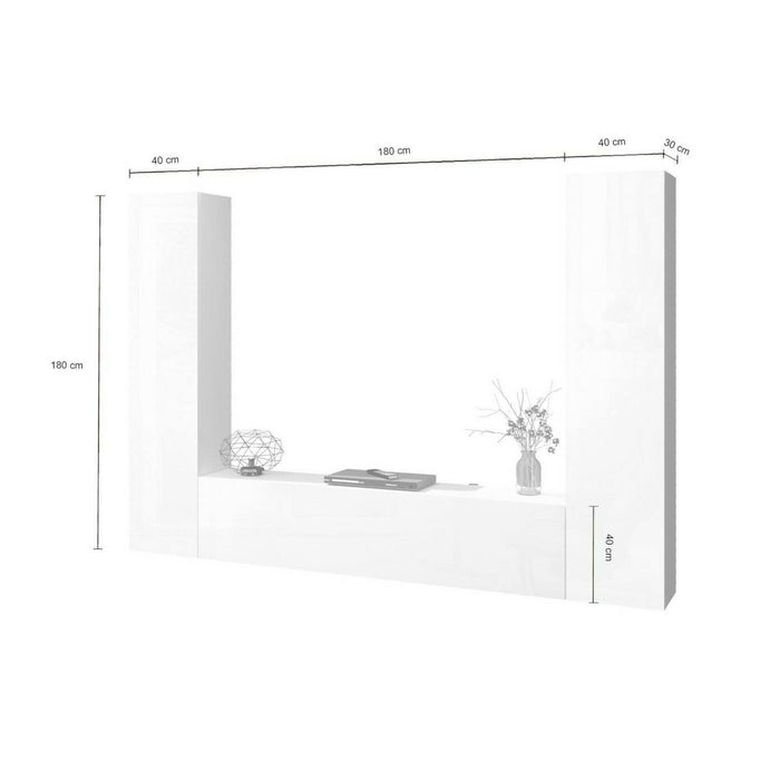Parete attrezzata Natasha, Set salotto porta TV a 3 ante, Mobile soggiorno multiuso, 100% Made in Italy, cm 260x30h180, Bianco lucido