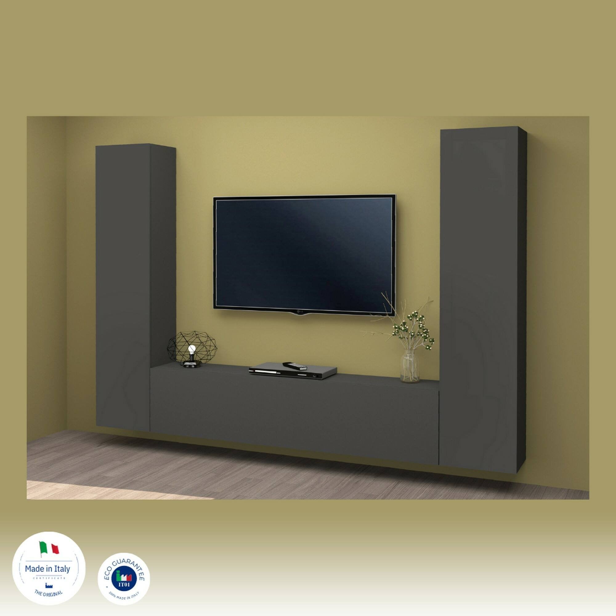 Parete attrezzata Natasha, Set salotto porta TV a 3 ante, Mobile soggiorno multiuso, 100% Made in Italy, cm 260x30h180, Antracite