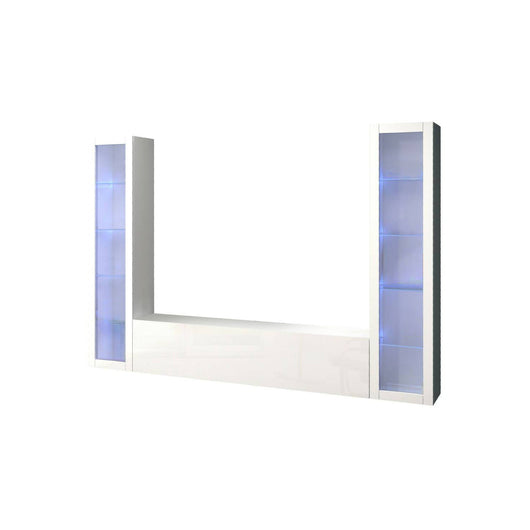 Parete attrezzata Leda, Set salotto porta TV a 3 ante, Mobile soggiorno multiuso con vetrina e luce LED, 100% Made in Italy, cm 260x30h180, Bianco lucido
