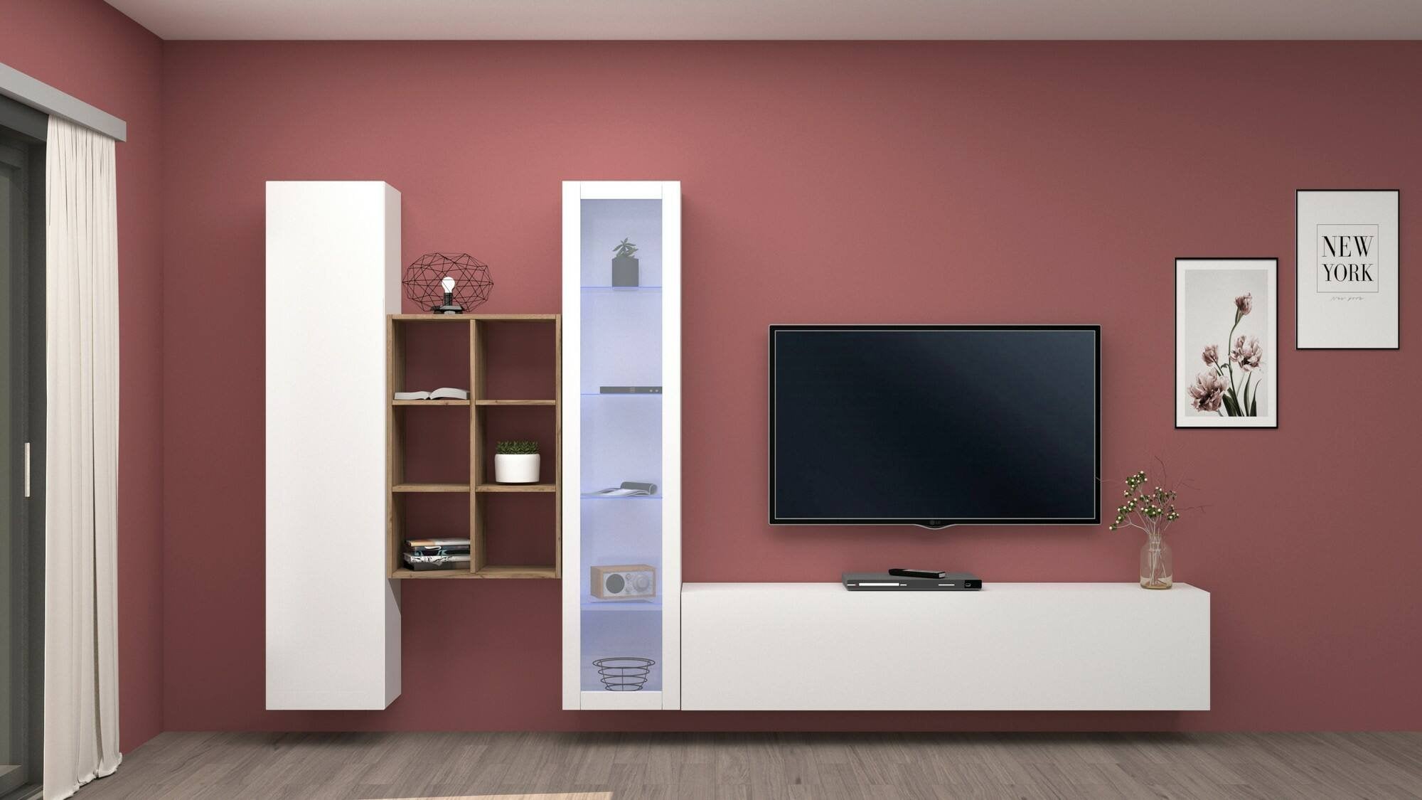 Parete attrezzata Ausonia, Set salotto porta TV a 3 ante, Mobile soggiorno multiuso con vetrina e luce LED, 100% Made in Italy, cm 320x30h180, Bianco lucido