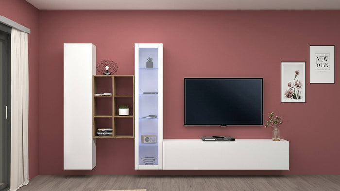 Parete attrezzata Ausonia, Set salotto porta TV a 3 ante, Mobile soggiorno multiuso con vetrina e luce LED, 100% Made in Italy, cm 320x30h180, Bianco lucido