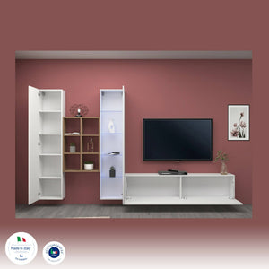 Parete attrezzata Ausonia, Set salotto porta TV a 3 ante, Mobile soggiorno multiuso con vetrina e luce LED, 100% Made in Italy, cm 320x30h180, Bianco lucido