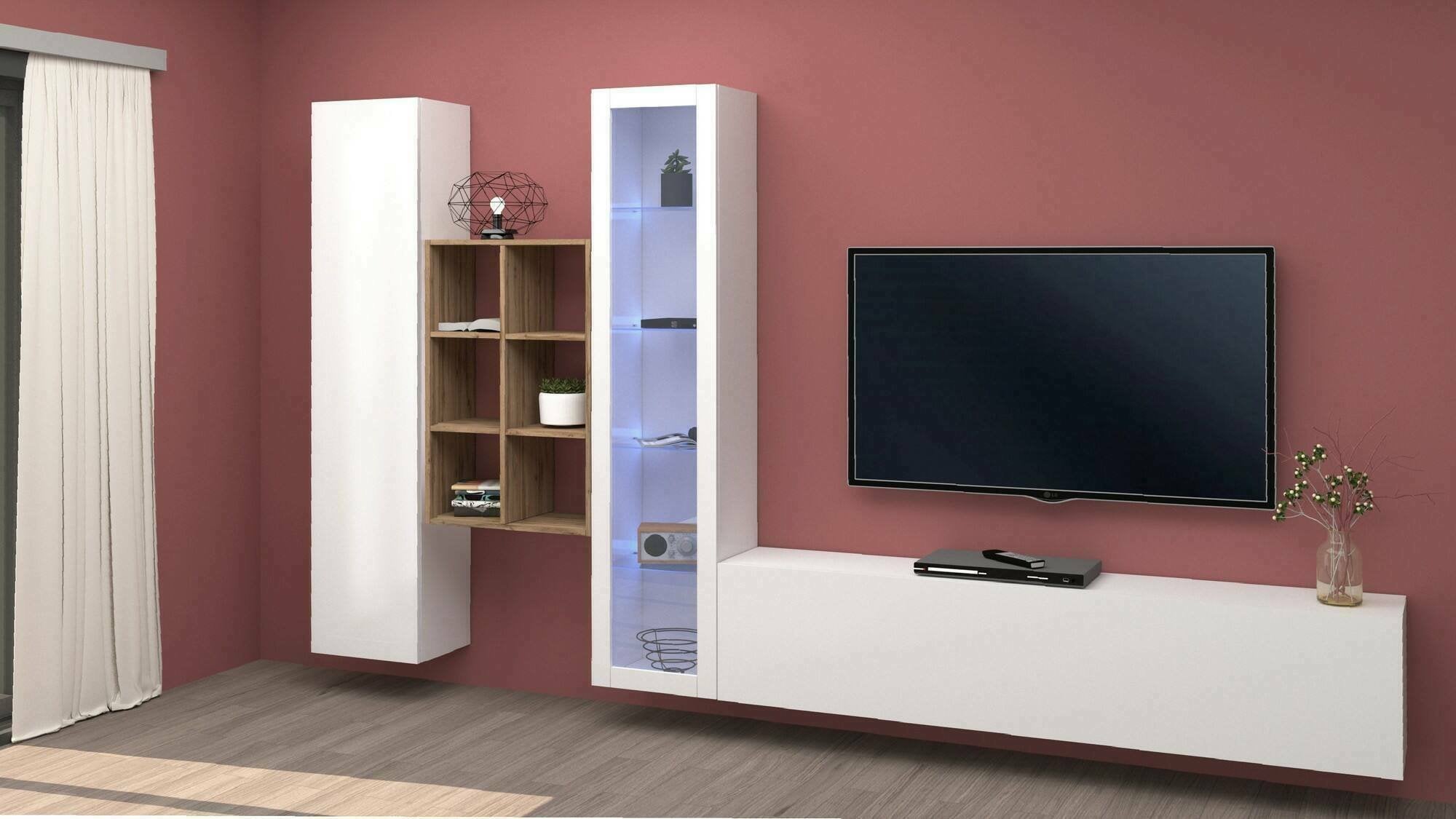 Parete attrezzata Ausonia, Set salotto porta TV a 3 ante, Mobile soggiorno multiuso con vetrina e luce LED, 100% Made in Italy, cm 320x30h180, Bianco lucido