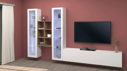 Parete attrezzata Lome, Set salotto porta TV a 3 ante, Mobile soggiorno multiuso con vetrina e luce LED, 100% Made in Italy, cm 320x30h180, Bianco lucido