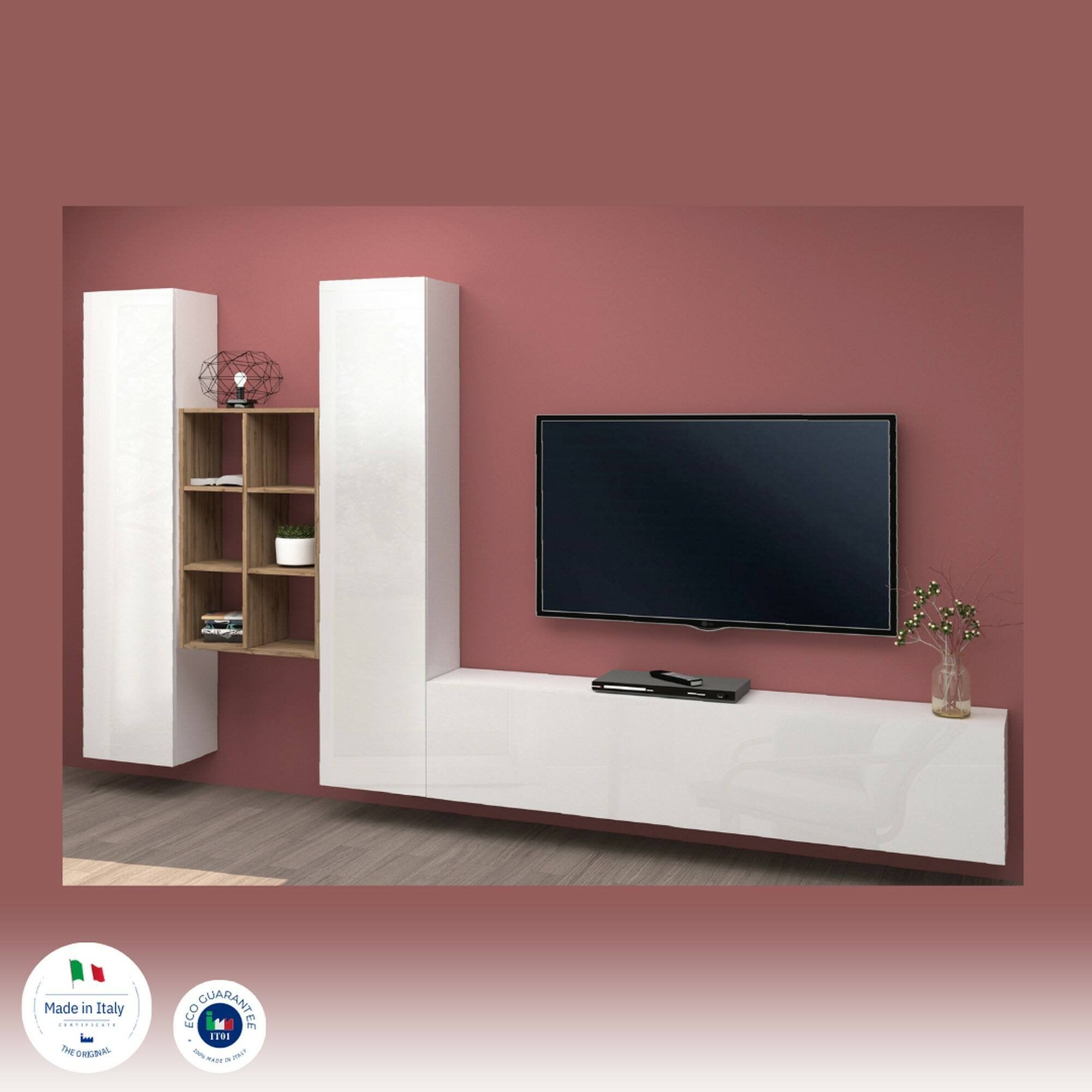 Parete attrezzata Acuto, Set salotto porta TV a 3 ante, Mobile soggiorno multiuso, 100% Made in Italy, cm 320x30h180, Bianco lucido e Acero