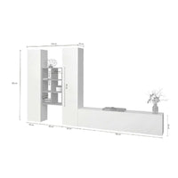 Parete attrezzata Acuto, Set salotto porta TV a 3 ante, Mobile soggiorno multiuso, 100% Made in Italy, cm 320x30h180, Bianco lucido e Acero