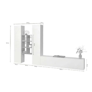 Parete attrezzata Acuto, Set salotto porta TV a 3 ante, Mobile soggiorno multiuso, 100% Made in Italy, cm 320x30h180, Bianco lucido e Acero