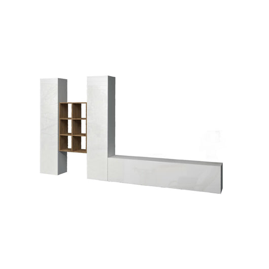 Parete attrezzata Acuto, Set salotto porta TV a 3 ante, Mobile soggiorno multiuso, 100% Made in Italy, cm 320x30h180, Bianco lucido e Acero