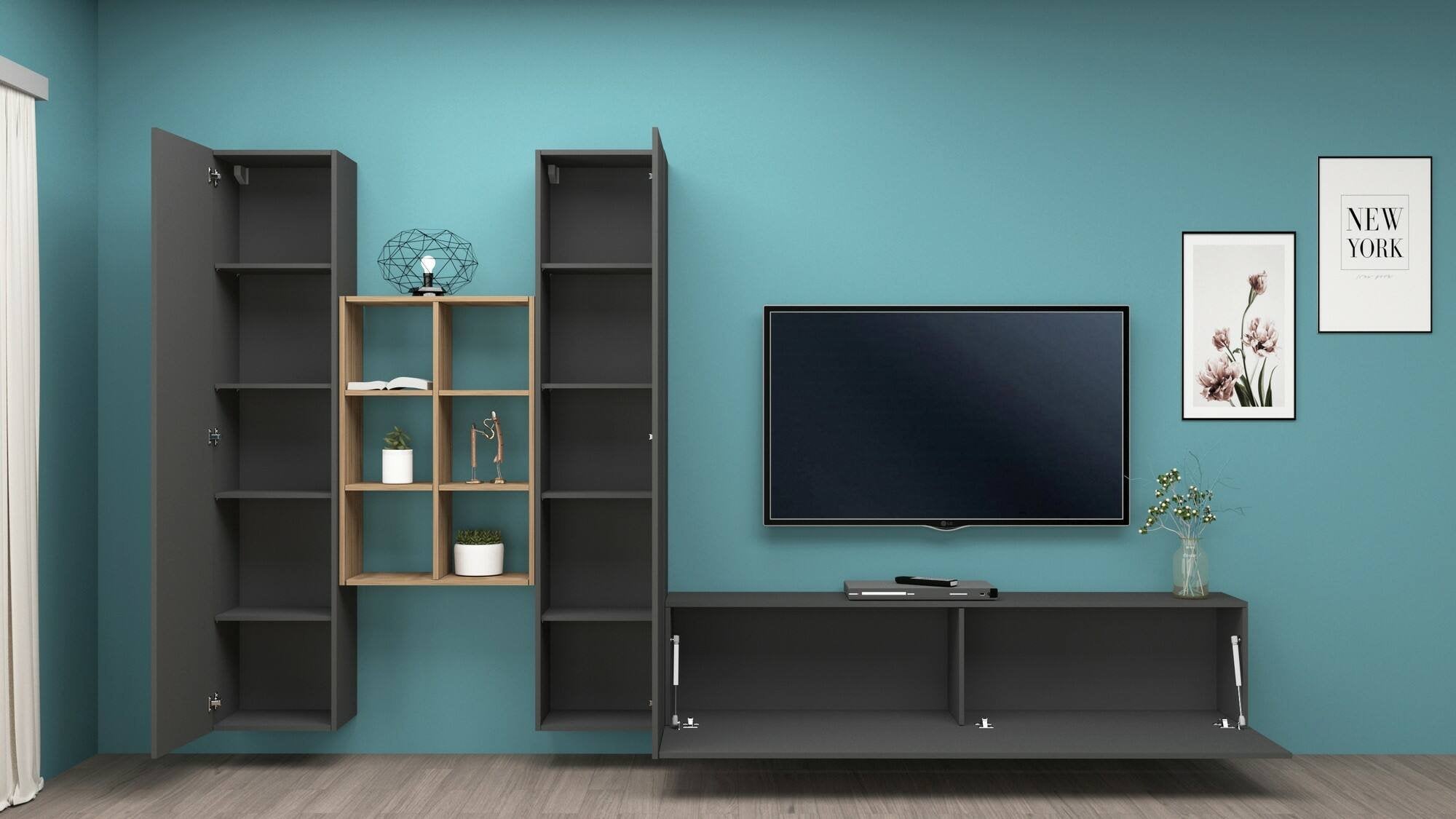 Parete attrezzata Acuto, Set salotto porta TV a 3 ante, Mobile soggiorno multiuso, 100% Made in Italy, cm 320x30h180, Antracite e Acero