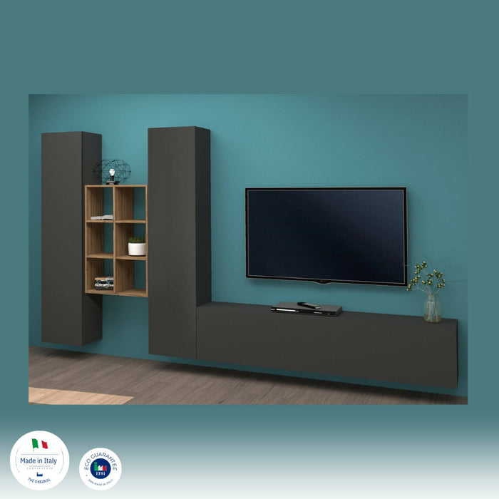 Parete attrezzata Acuto, Set salotto porta TV a 3 ante, Mobile soggiorno multiuso, 100% Made in Italy, cm 320x30h180, Antracite e Acero