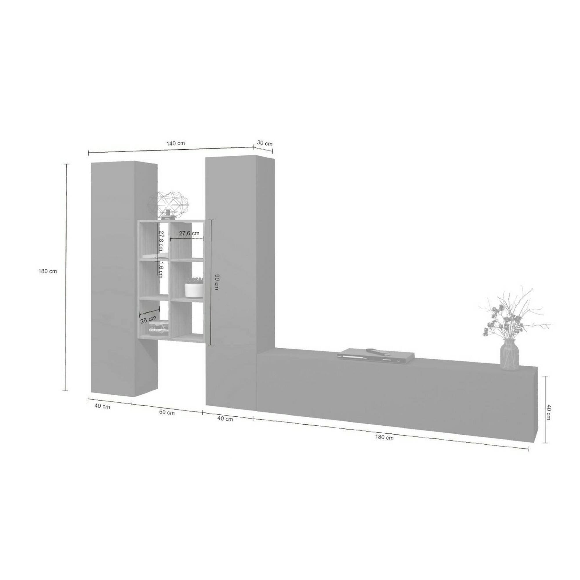 Parete attrezzata Acuto, Set salotto porta TV a 3 ante, Mobile soggiorno multiuso, 100% Made in Italy, cm 320x30h180, Antracite e Acero