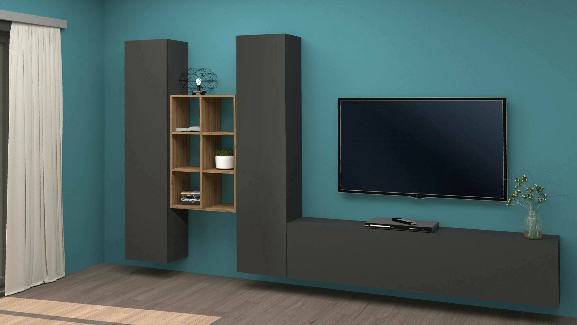 Parete attrezzata Acuto, Set salotto porta TV a 3 ante, Mobile soggiorno multiuso, 100% Made in Italy, cm 320x30h180, Antracite e Acero