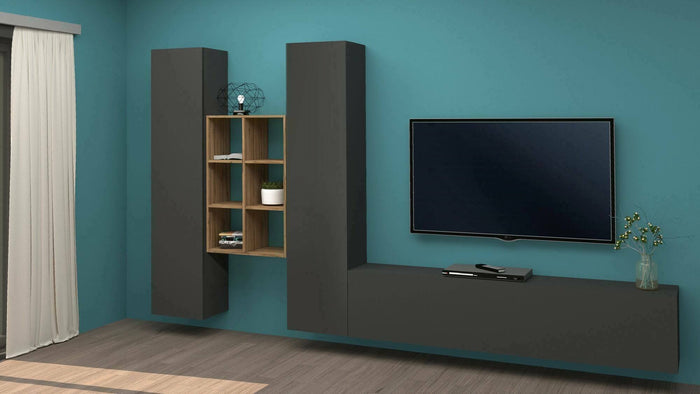 Parete attrezzata Acuto, Set salotto porta TV a 3 ante, Mobile soggiorno multiuso, 100% Made in Italy, cm 320x30h180, Antracite e Acero
