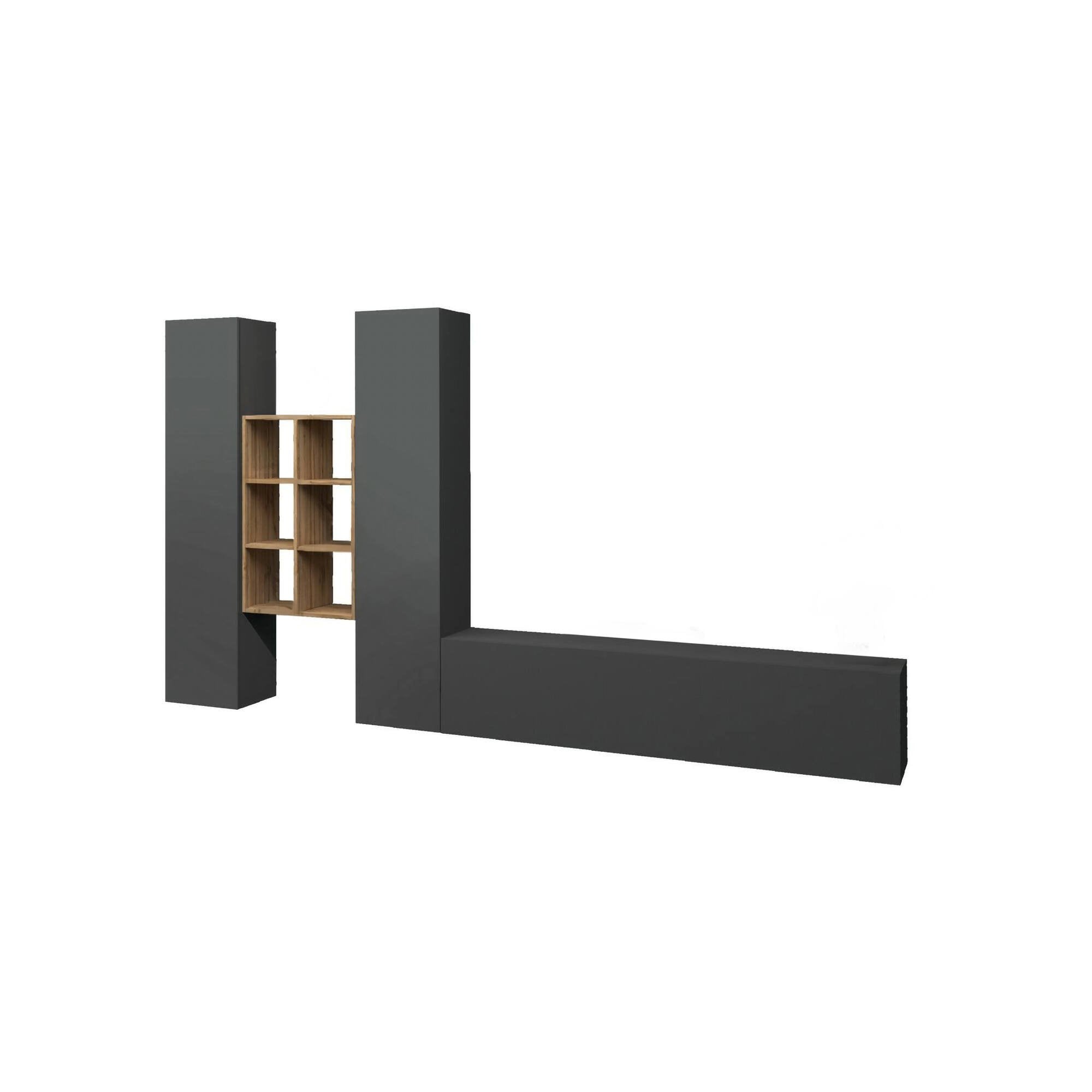 Parete attrezzata Acuto, Set salotto porta TV a 3 ante, Mobile soggiorno multiuso, 100% Made in Italy, cm 320x30h180, Antracite e Acero