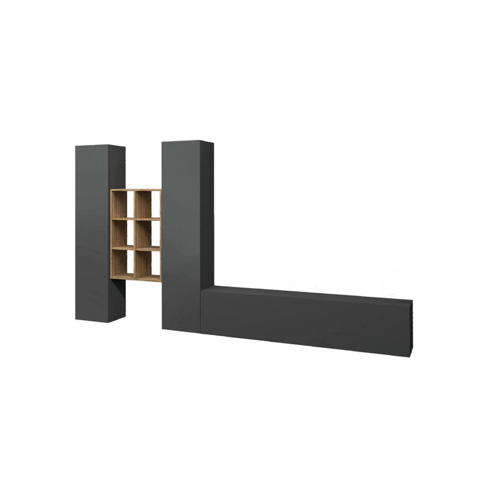 Parete attrezzata Acuto, Set salotto porta TV a 3 ante, Mobile soggiorno multiuso, 100% Made in Italy, cm 320x30h180, Antracite e Acero
