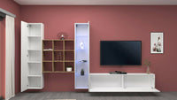 Parete attrezzata Arizzano, Set salotto porta TV a 3 ante, Mobile soggiorno multiuso con vetrina e luce LED, 100% Made in Italy, cm 310x30h180, Bianco lucido e Acero