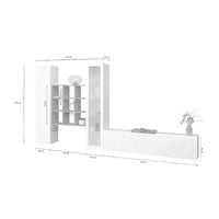 Parete attrezzata Arizzano, Set salotto porta TV a 3 ante, Mobile soggiorno multiuso con vetrina e luce LED, 100% Made in Italy, cm 310x30h180, Bianco lucido e Acero