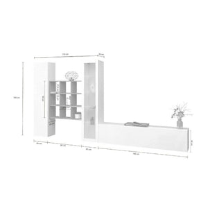 Parete attrezzata Arizzano, Set salotto porta TV a 3 ante, Mobile soggiorno multiuso con vetrina e luce LED, 100% Made in Italy, cm 310x30h180, Bianco lucido e Acero