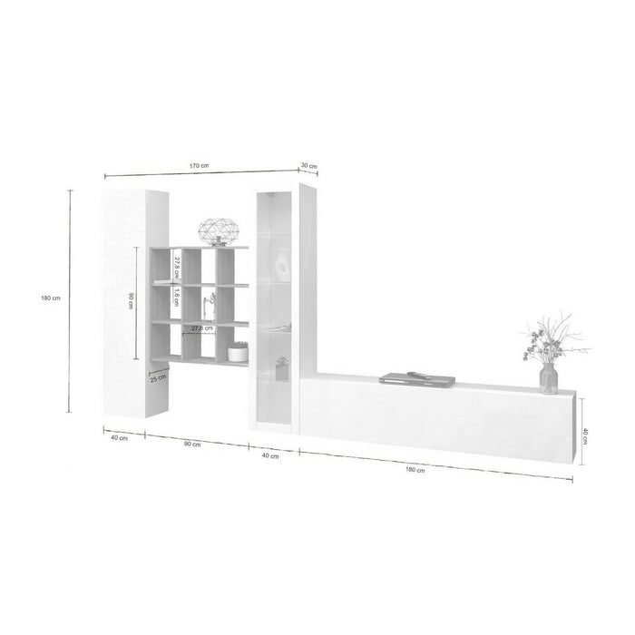 Parete attrezzata Arizzano, Set salotto porta TV a 3 ante, Mobile soggiorno multiuso con vetrina e luce LED, 100% Made in Italy, cm 310x30h180, Bianco lucido e Acero