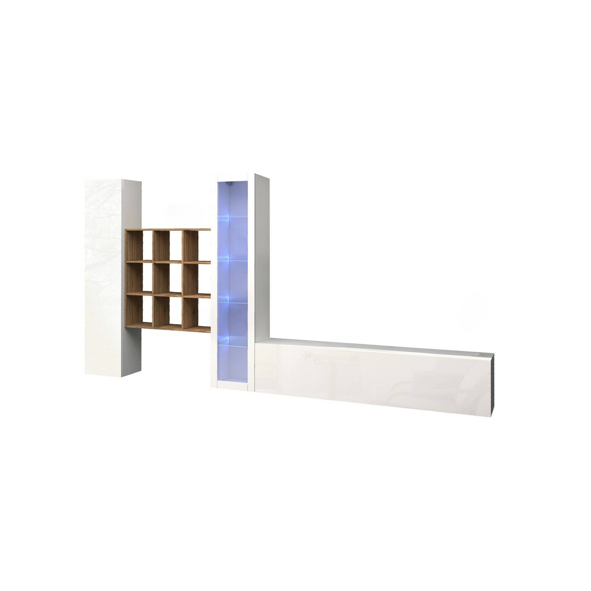 Parete attrezzata Arizzano, Set salotto porta TV a 3 ante, Mobile soggiorno multiuso con vetrina e luce LED, 100% Made in Italy, cm 310x30h180, Bianco lucido e Acero
