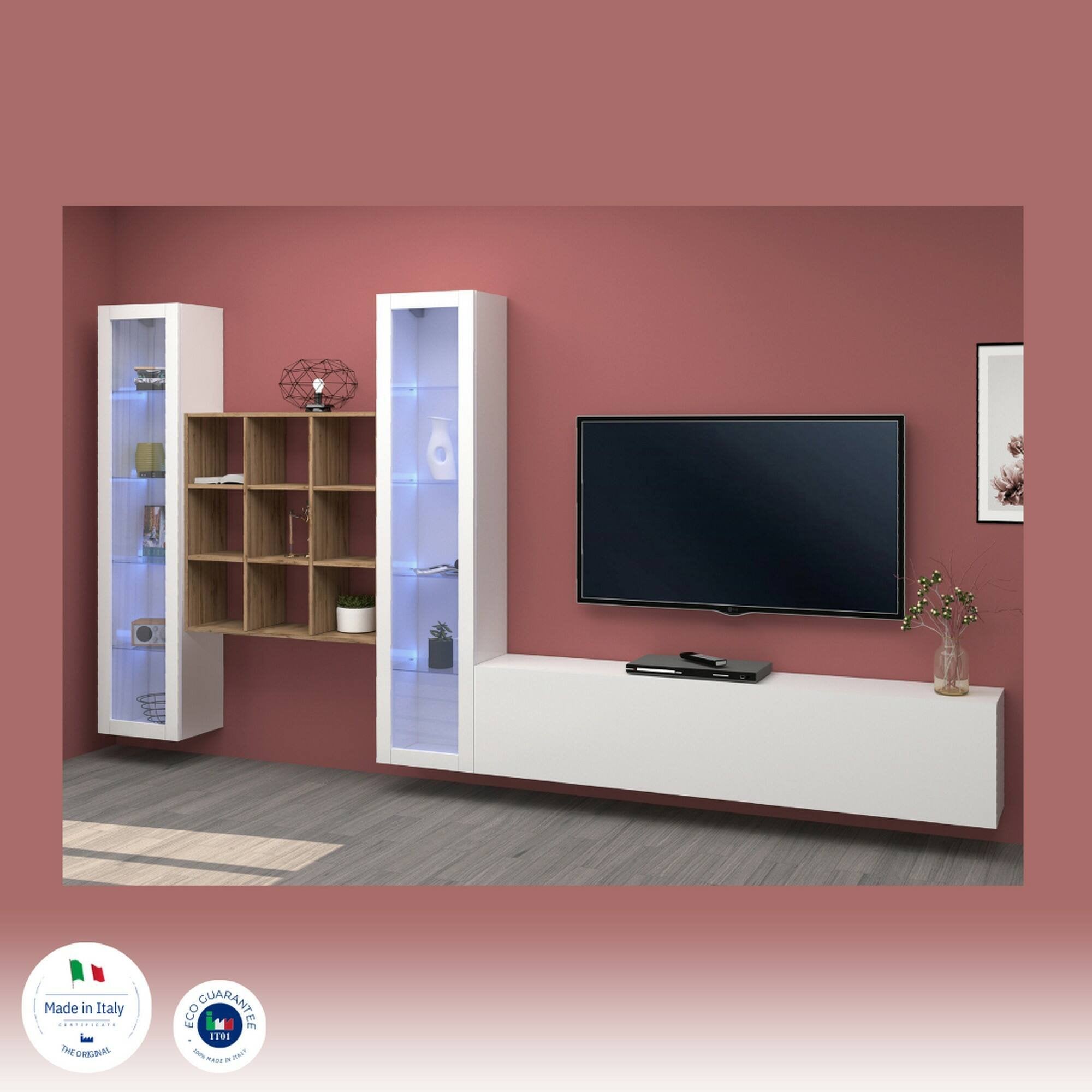 Parete attrezzata Atella, Set salotto porta TV a 3 ante, Mobile soggiorno multiuso con vetrina e luce LED, 100% Made in Italy, cm 350x30h180, Bianco lucido e Acero