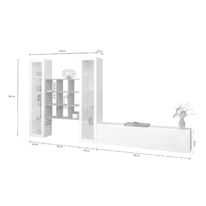 Parete attrezzata Atella, Set salotto porta TV a 3 ante, Mobile soggiorno multiuso con vetrina e luce LED, 100% Made in Italy, cm 350x30h180, Bianco lucido e Acero