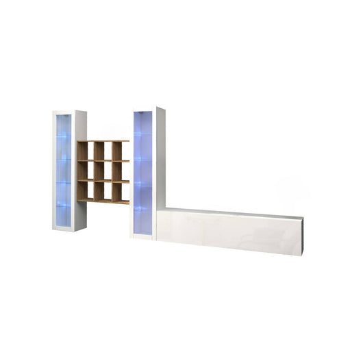 Parete attrezzata Atella, Set salotto porta TV a 3 ante, Mobile soggiorno multiuso con vetrina e luce LED, 100% Made in Italy, cm 350x30h180, Bianco lucido e Acero