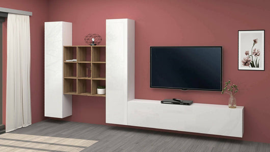 Parete attrezzata Genoveffa, Set salotto porta TV a 3 ante, Mobile soggiorno multiuso, 100% Made in Italy, cm 270x30h180, Bianco lucido e Acero