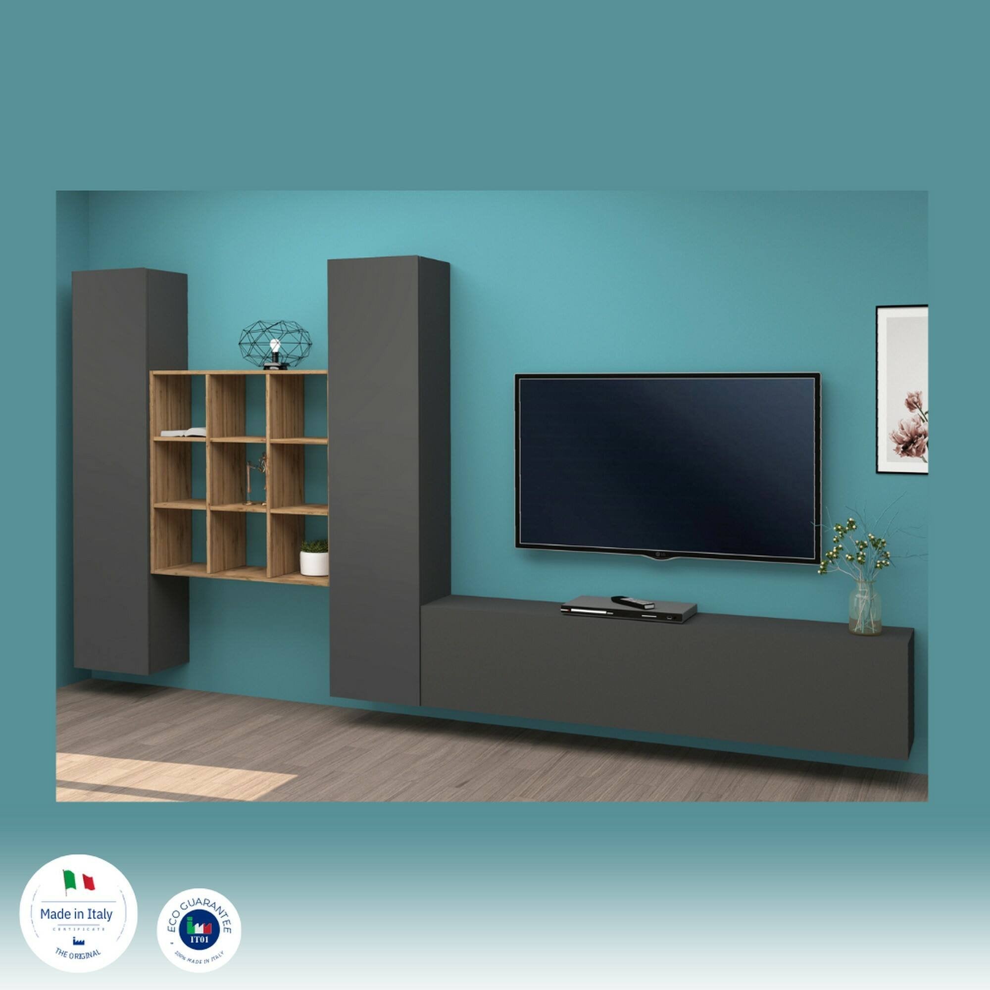 Parete attrezzata Genoveffa, Set salotto porta TV a 3 ante, Mobile soggiorno multiuso, 100% Made in Italy, cm 270x30h180, Antracite e Acero