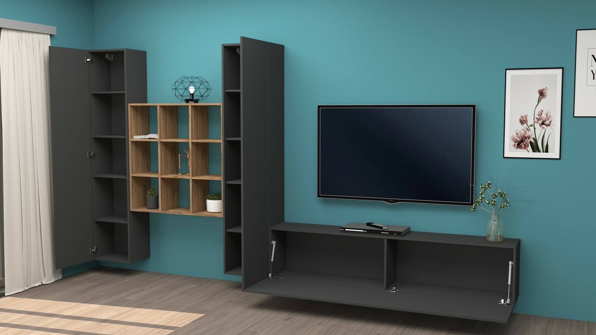 Parete attrezzata Genoveffa, Set salotto porta TV a 3 ante, Mobile soggiorno multiuso, 100% Made in Italy, cm 270x30h180, Antracite e Acero