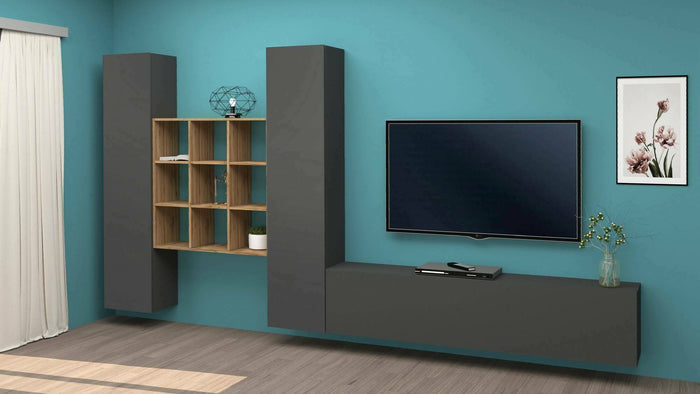 Parete attrezzata Genoveffa, Set salotto porta TV a 3 ante, Mobile soggiorno multiuso, 100% Made in Italy, cm 270x30h180, Antracite e Acero