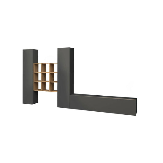 Parete attrezzata Genoveffa, Set salotto porta TV a 3 ante, Mobile soggiorno multiuso, 100% Made in Italy, cm 270x30h180, Antracite e Acero