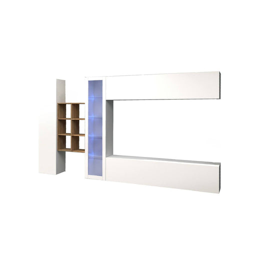 Parete attrezzata Alessano, Set salotto porta TV a 4 ante, Mobile soggiorno multiuso con vetrina e luce LED, 100% Made in Italy, cm 280x30h180, Bianco lucido e Acero