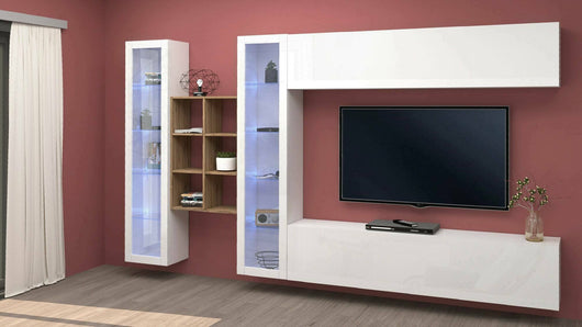 Parete attrezzata Alezio, Set salotto porta TV a 4 ante, Mobile soggiorno multiuso, 100% Made in Italy, cm 280x30h180, Bianco lucido e Acero