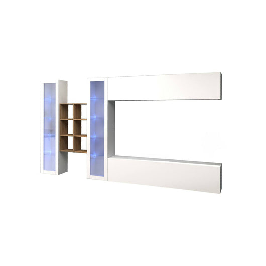 Parete attrezzata Alezio, Set salotto porta TV a 4 ante, Mobile soggiorno multiuso, 100% Made in Italy, cm 280x30h180, Bianco lucido e Acero