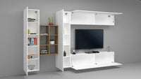 Parete attrezzata Agna, Set salotto porta TV a 4 ante, Mobile soggiorno multiuso, 100% Made in Italy, cm 280x30h180, Bianco lucido e Acero