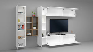 Parete attrezzata Agna, Set salotto porta TV a 4 ante, Mobile soggiorno multiuso, 100% Made in Italy, cm 280x30h180, Bianco lucido e Acero
