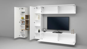 Parete attrezzata Agna, Set salotto porta TV a 4 ante, Mobile soggiorno multiuso, 100% Made in Italy, cm 280x30h180, Bianco lucido e Acero