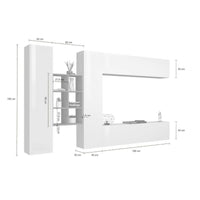 Parete attrezzata Agna, Set salotto porta TV a 4 ante, Mobile soggiorno multiuso, 100% Made in Italy, cm 280x30h180, Bianco lucido e Acero