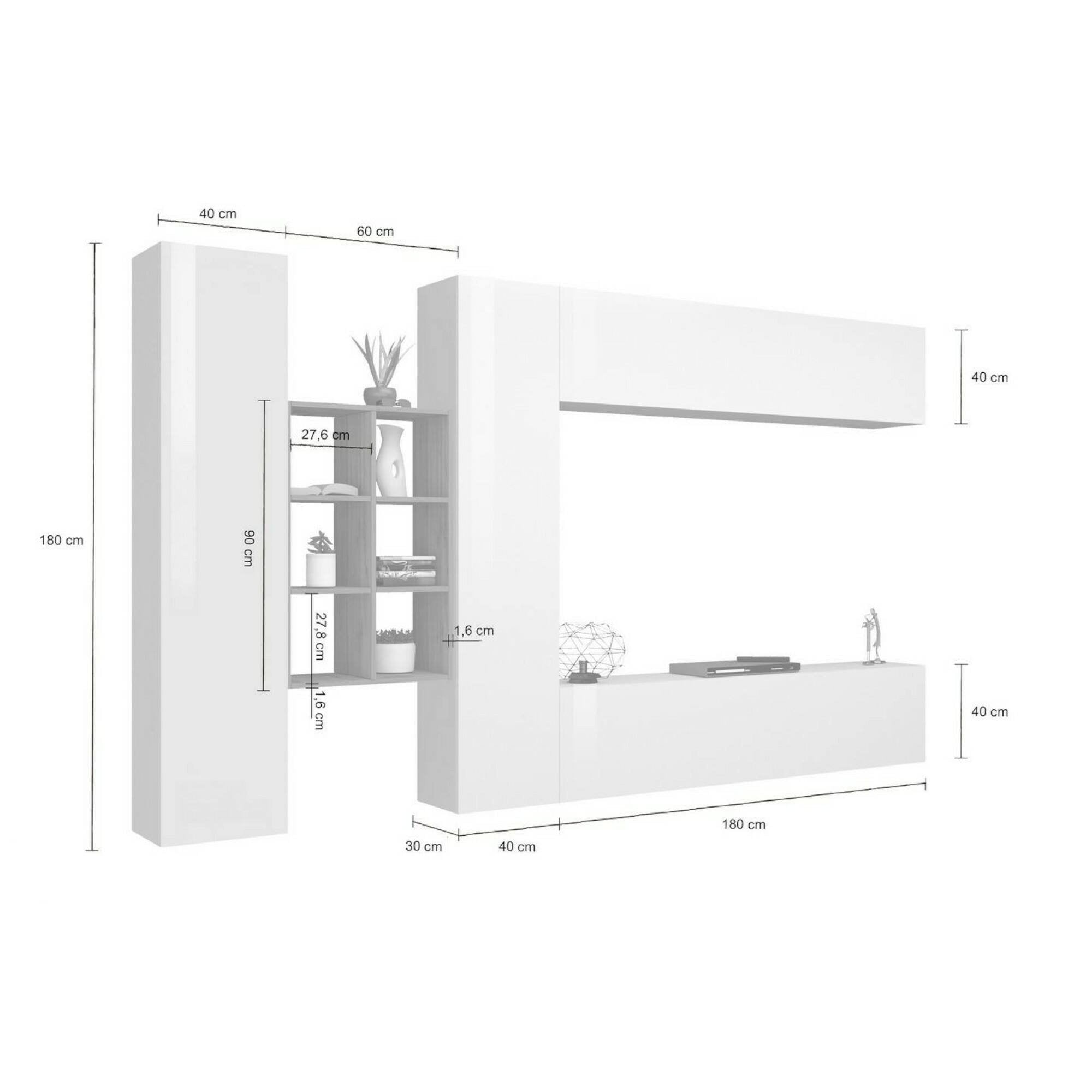Parete attrezzata Agna, Set salotto porta TV a 4 ante, Mobile soggiorno multiuso, 100% Made in Italy, cm 280x30h180, Bianco lucido e Acero