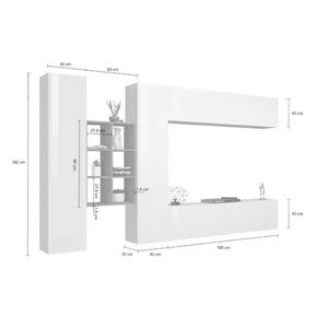 Parete attrezzata Agna, Set salotto porta TV a 4 ante, Mobile soggiorno multiuso, 100% Made in Italy, cm 280x30h180, Bianco lucido e Acero