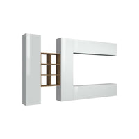 Parete attrezzata Agna, Set salotto porta TV a 4 ante, Mobile soggiorno multiuso, 100% Made in Italy, cm 280x30h180, Bianco lucido e Acero