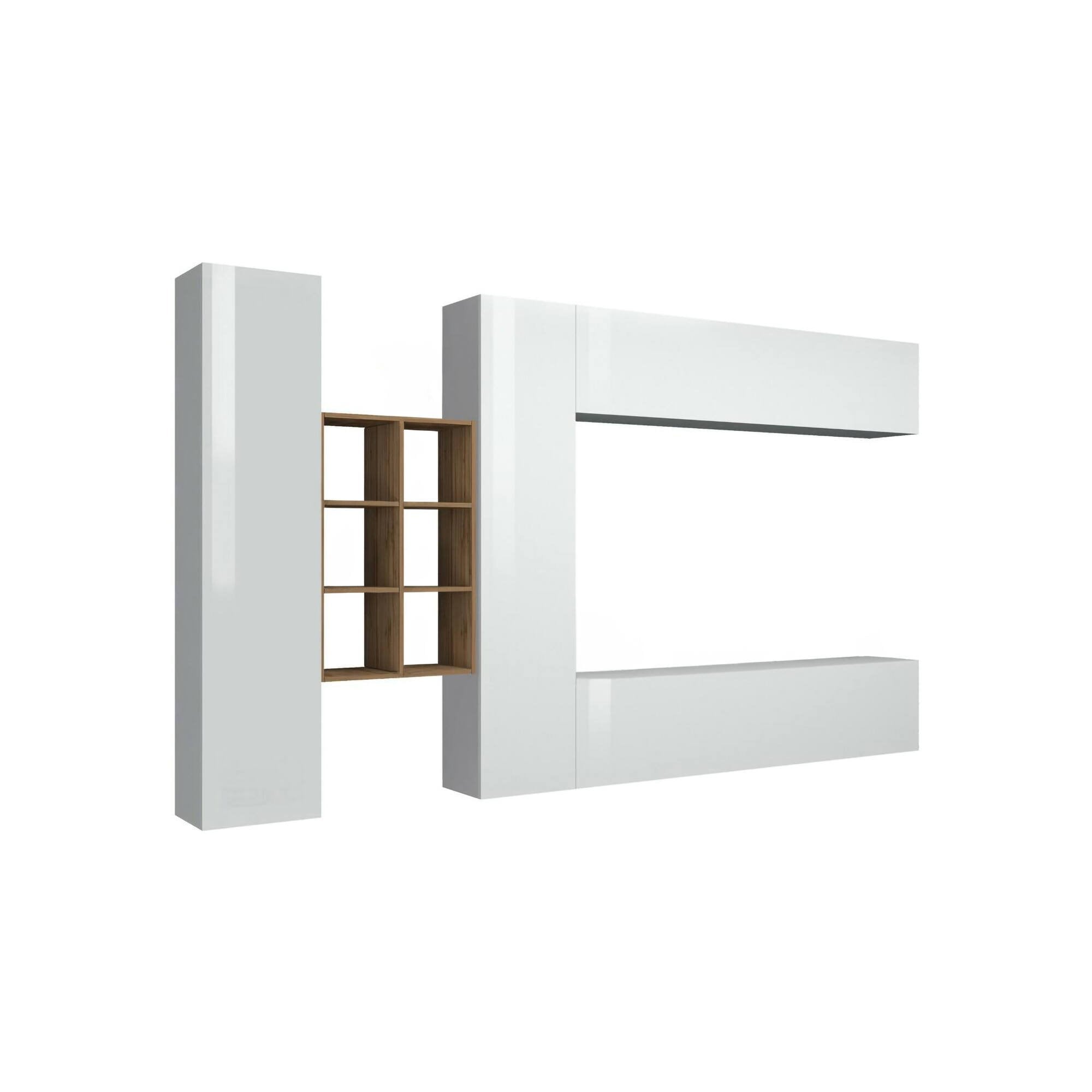 Parete attrezzata Agna, Set salotto porta TV a 4 ante, Mobile soggiorno multiuso, 100% Made in Italy, cm 280x30h180, Bianco lucido e Acero