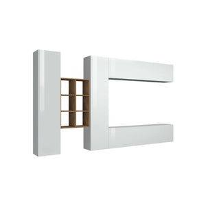 Parete attrezzata Agna, Set salotto porta TV a 4 ante, Mobile soggiorno multiuso, 100% Made in Italy, cm 280x30h180, Bianco lucido e Acero