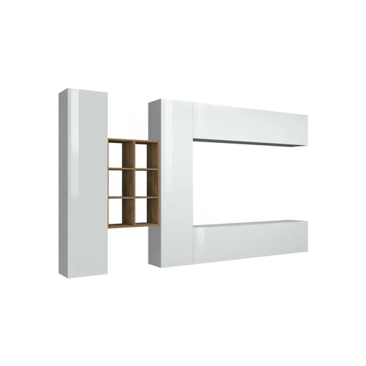 Parete attrezzata Agna, Set salotto porta TV a 4 ante, Mobile soggiorno multiuso, 100% Made in Italy, cm 280x30h180, Bianco lucido e Acero