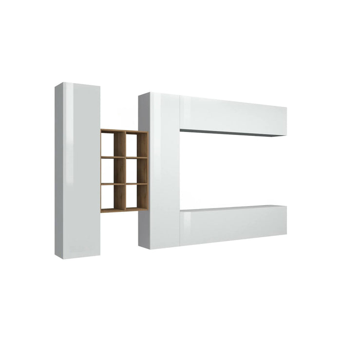 Parete attrezzata Agna, Set salotto porta TV a 4 ante, Mobile soggiorno multiuso, 100% Made in Italy, cm 280x30h180, Bianco lucido e Acero
