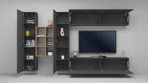 Parete attrezzata Agna, Set salotto porta TV a 4 ante, Mobile soggiorno multiuso, 100% Made in Italy, cm 280x30h180, Antracite e Acero